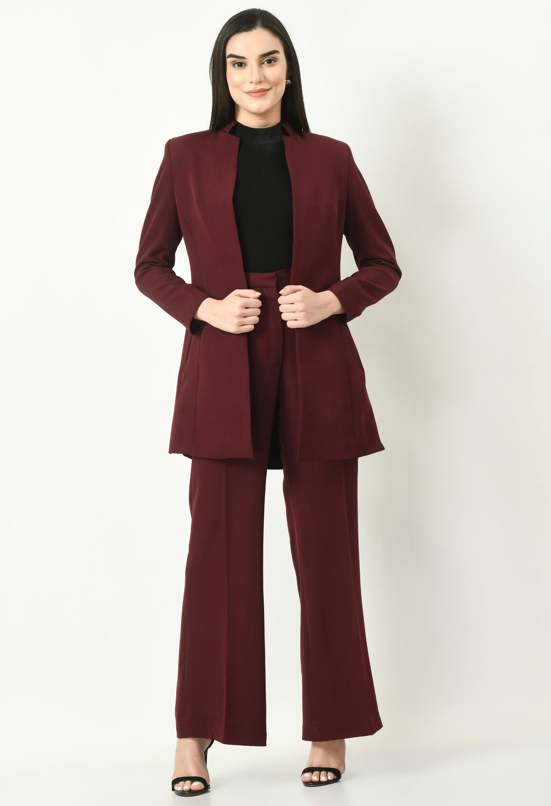 Wine-Mastery-Solid-Long-Blazer-With-Bootcut-Trouser