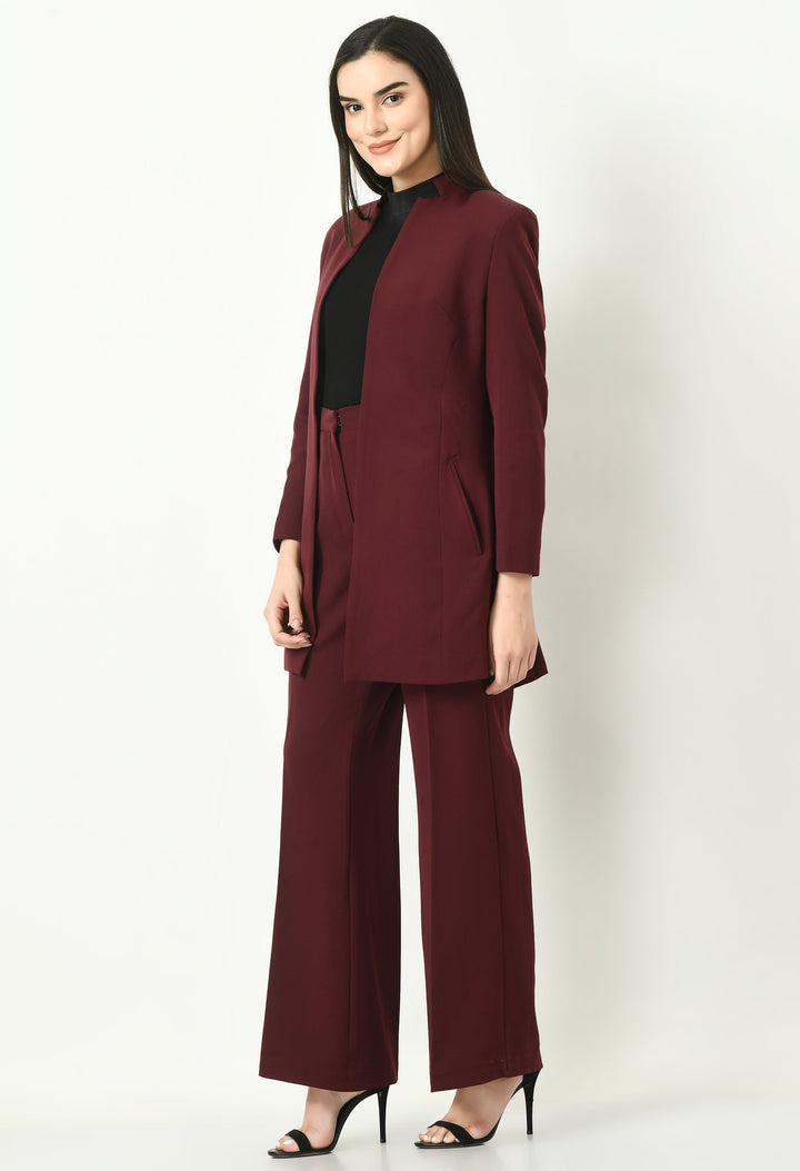 Wine-Mastery-Solid-Long-Blazer-With-Bootcut-Trouser