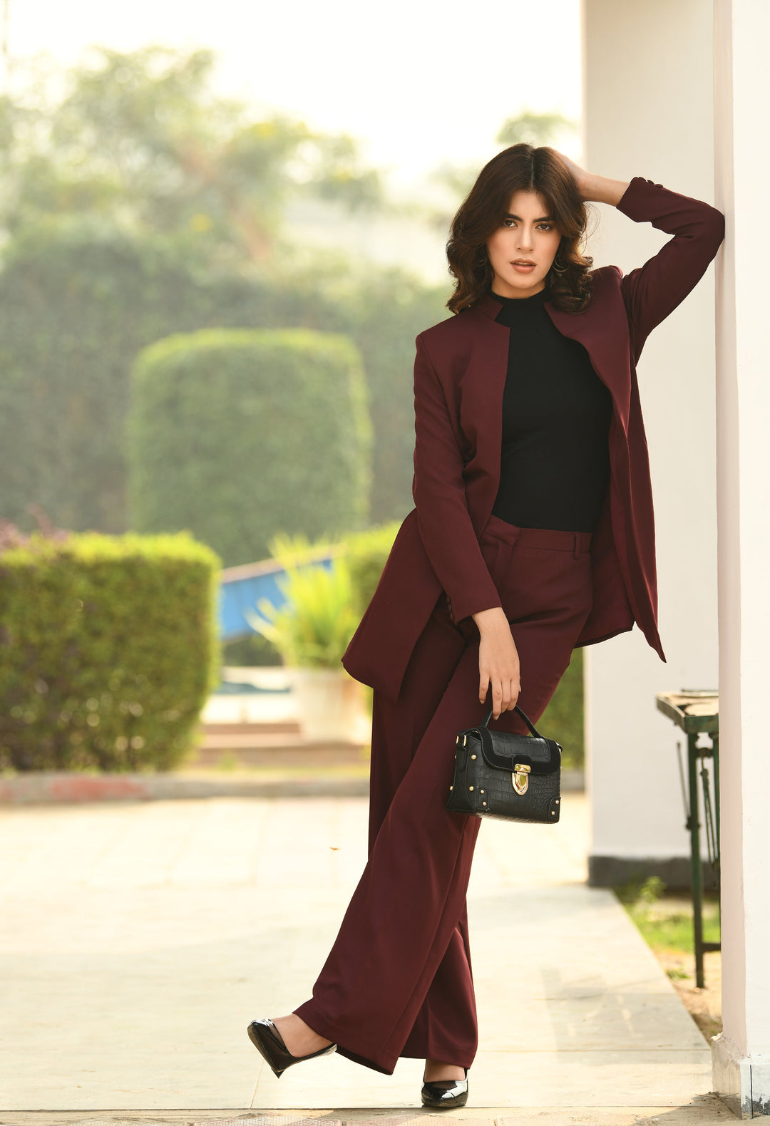 Wine-Mastery-Solid-Long-Blazer-With-Bootcut-Trouser