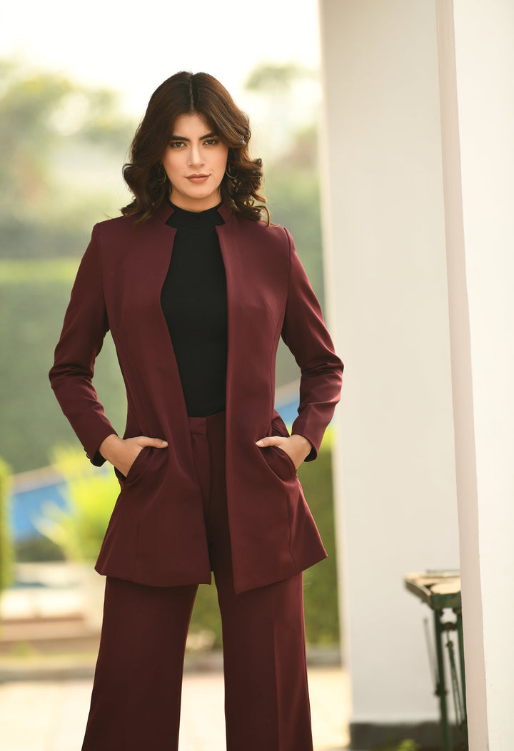 Wine-Mastery-Solid-Long-Blazer-With-Bootcut-Trouser