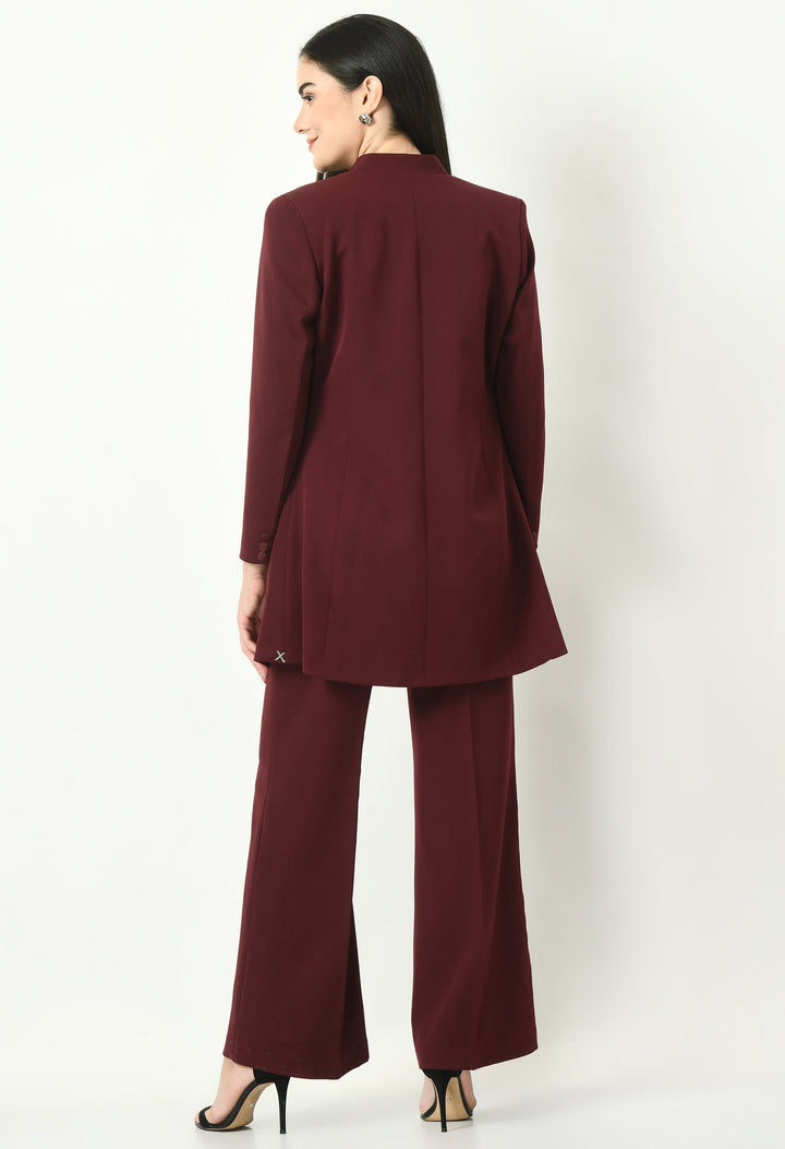 Wine-Mastery-Solid-Long-Blazer-With-Bootcut-Trouser