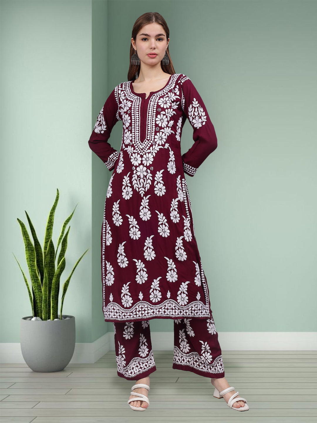 Wine-Modal-Embroidered-Chikankari-2-Piece-Kurta-Set