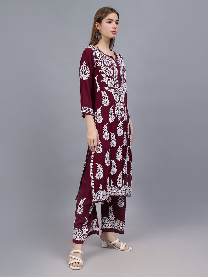 Wine-Modal-Embroidered-Chikankari-2-Piece-Kurta-Set