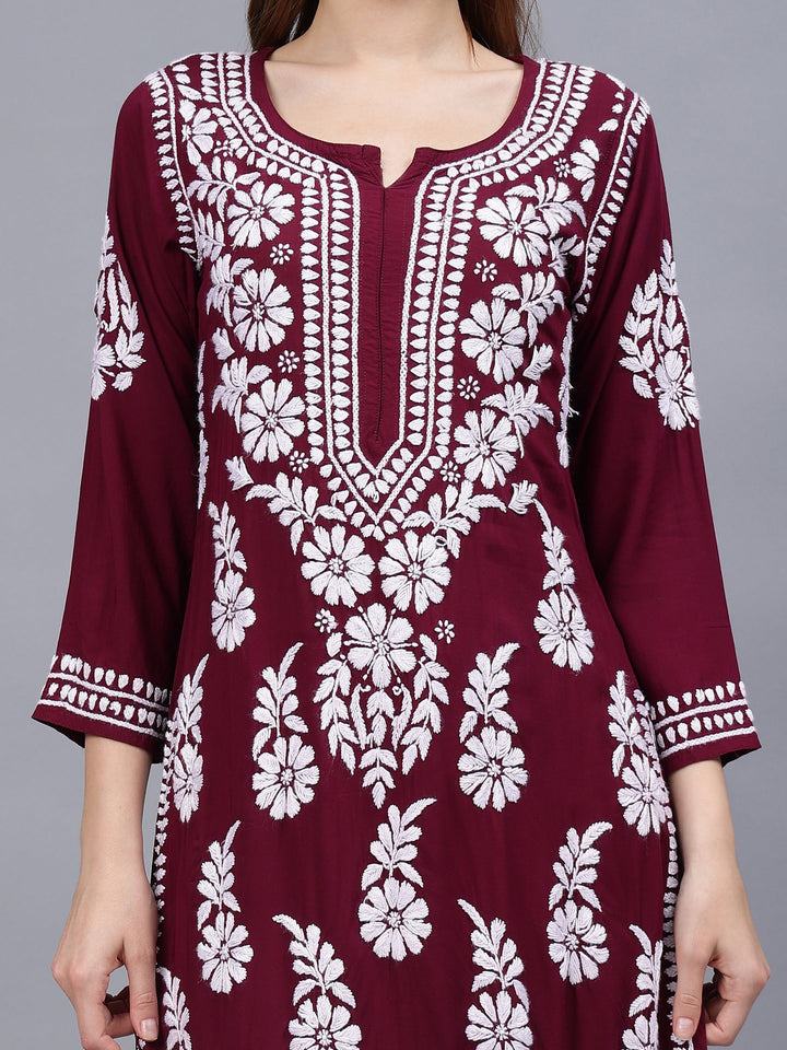 Wine-Modal-Embroidered-Chikankari-2-Piece-Kurta-Set