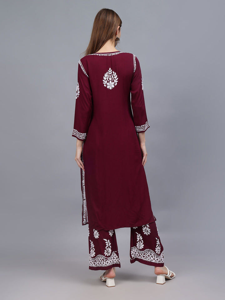 Wine-Modal-Embroidered-Chikankari-2-Piece-Kurta-Set