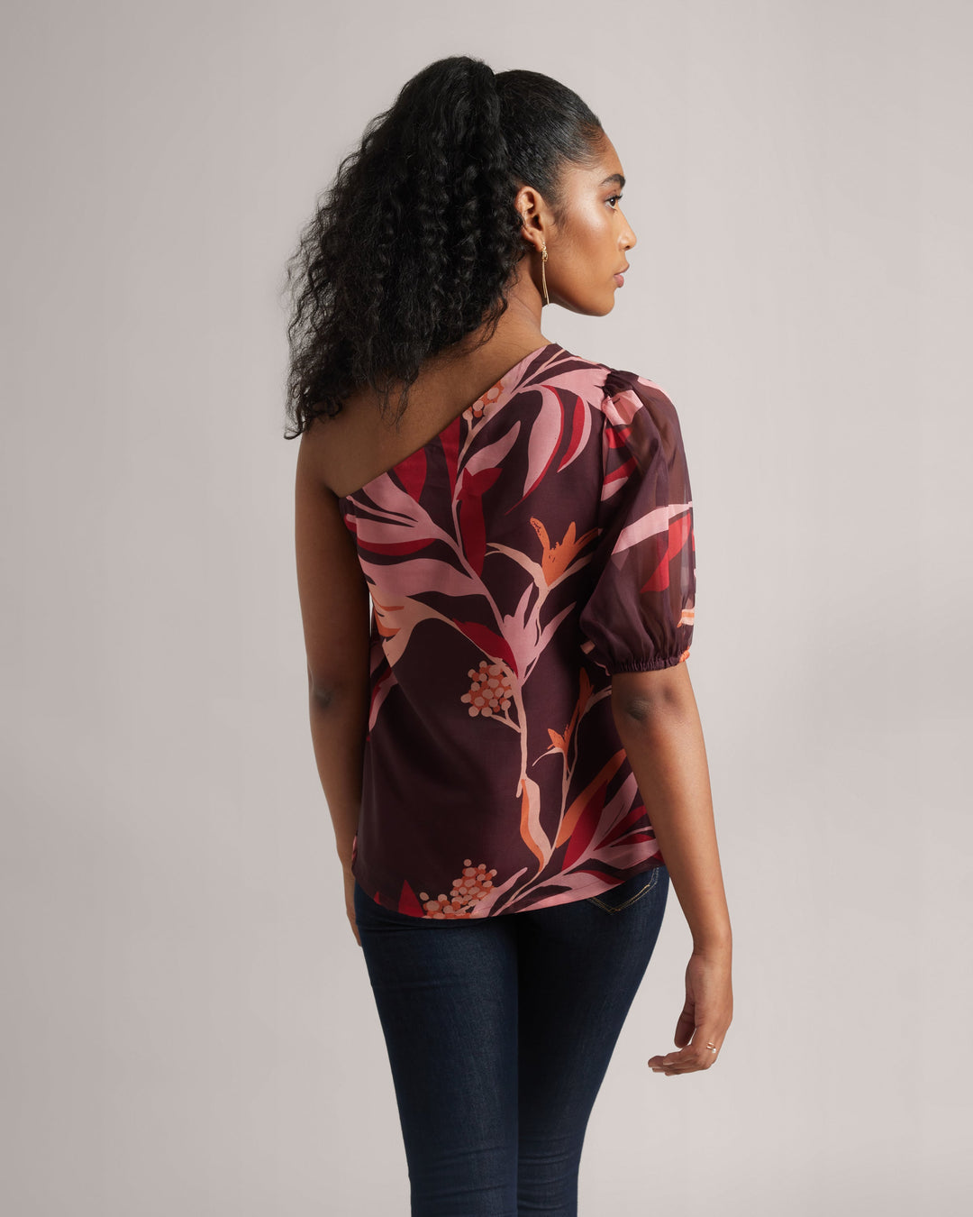 Wine Organza Botanic Print One-Sleeve Top