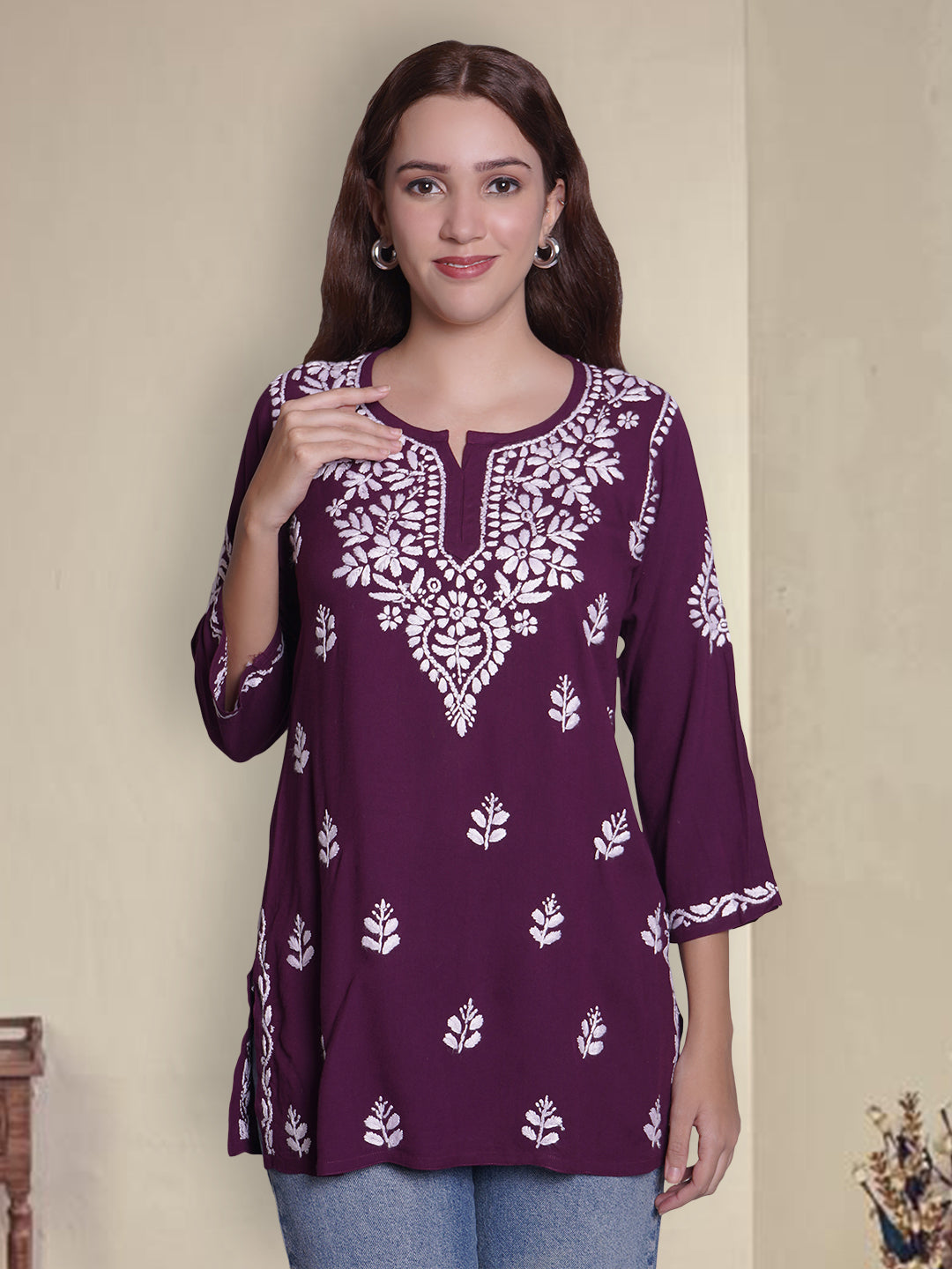 Wine-Rayon-Embroidered-Chikankari-Short-Tunic