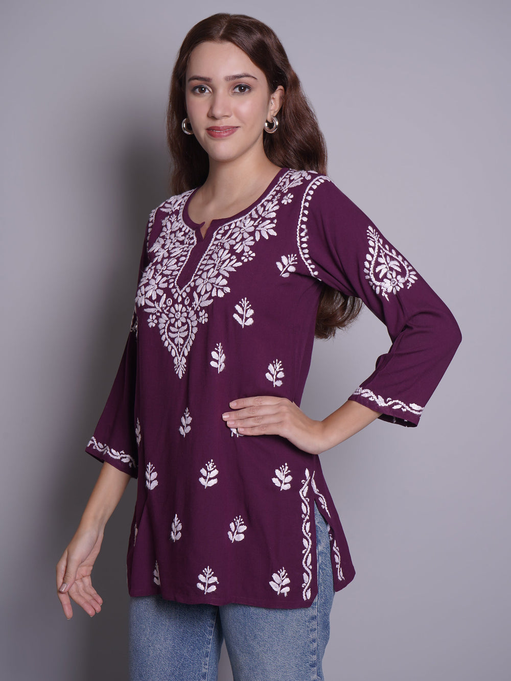 Wine-Rayon-Embroidered-Chikankari-Short-Tunic