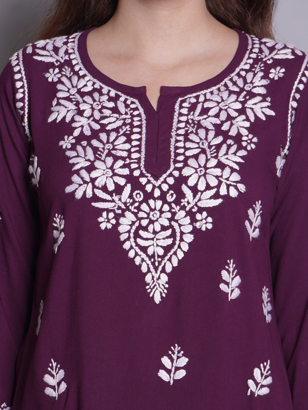 Wine-Rayon-Embroidered-Chikankari-Short-Tunic