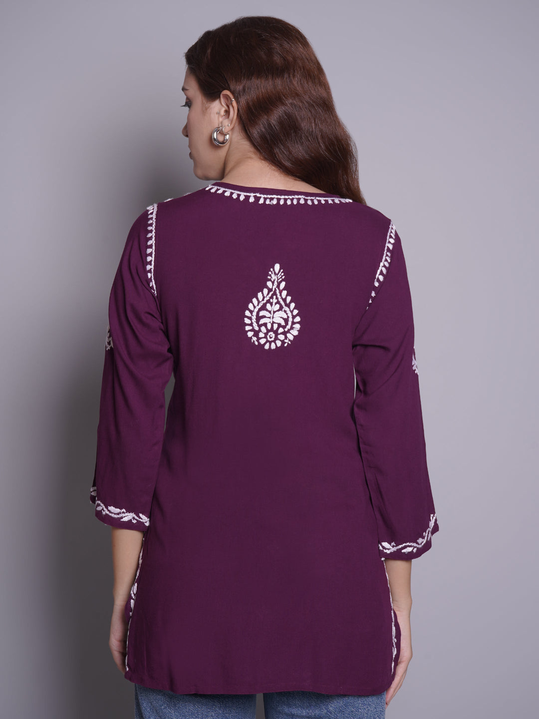 Wine-Rayon-Embroidered-Chikankari-Short-Tunic