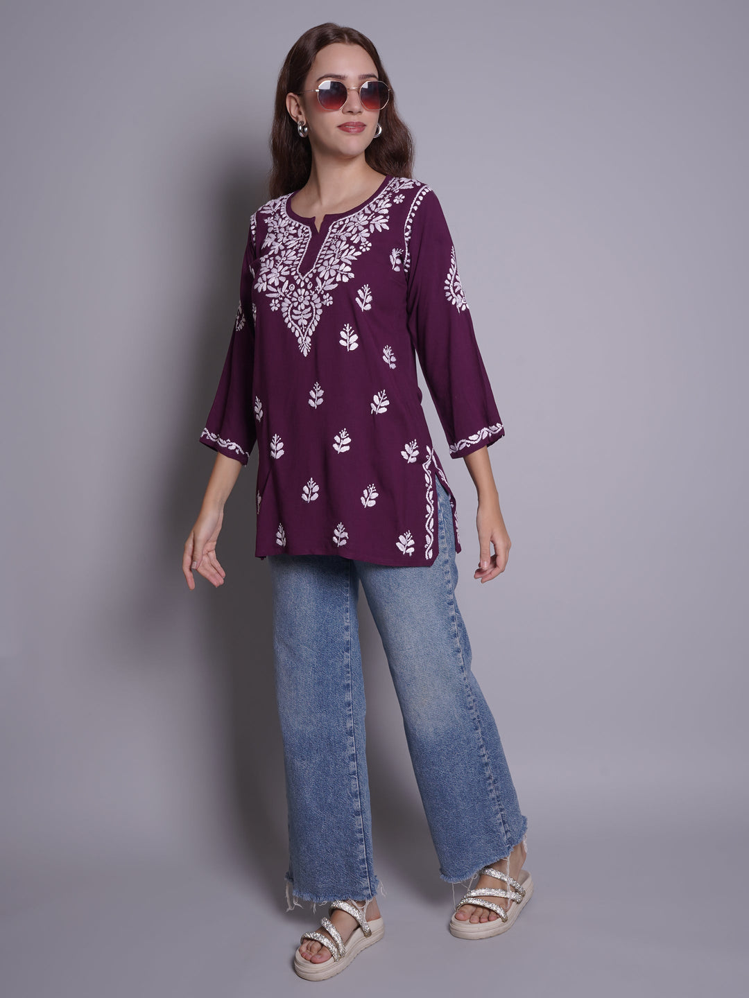 Wine-Rayon-Embroidered-Chikankari-Short-Tunic