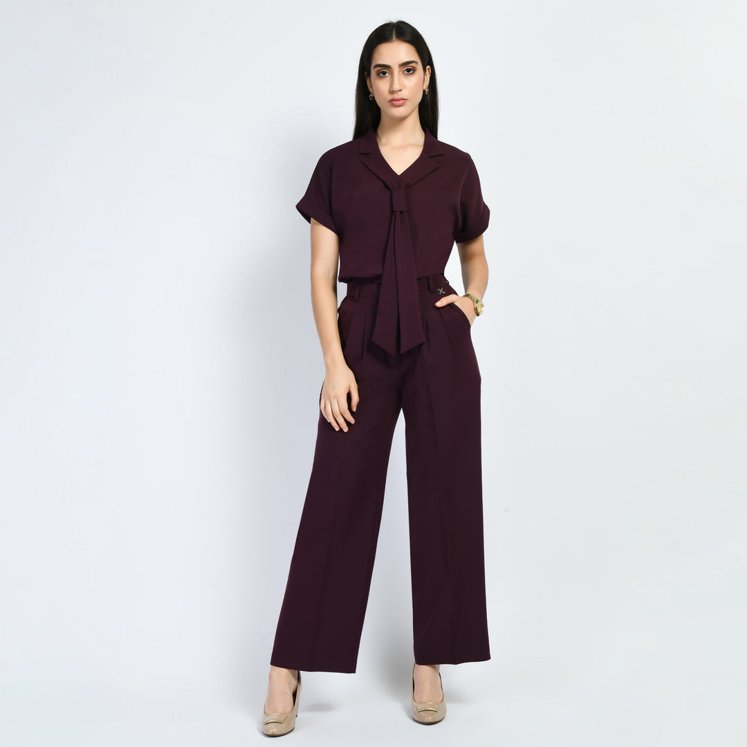 Wine-Solid-Trouser-With-Blazer-Tie-Top-Co-Ord-Set