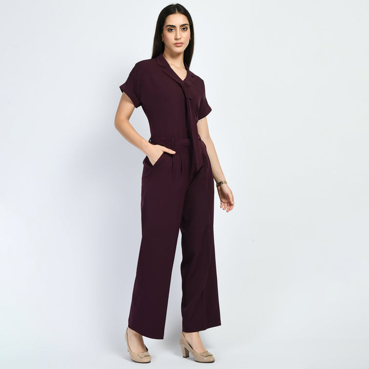 Wine-Solid-Trouser-With-Blazer-Tie-Top-Co-Ord-Set