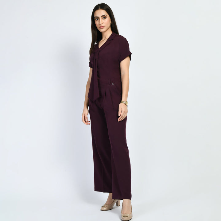 Wine-Solid-Trouser-With-Blazer-Tie-Top-Co-Ord-Set