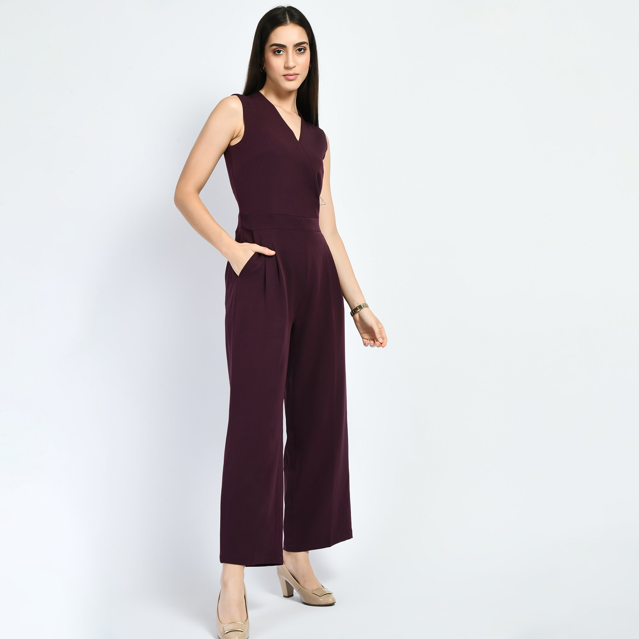 Wine Timelessness V-Neck Wide-Leg Jumpsuit - ZERESOUQ.COM