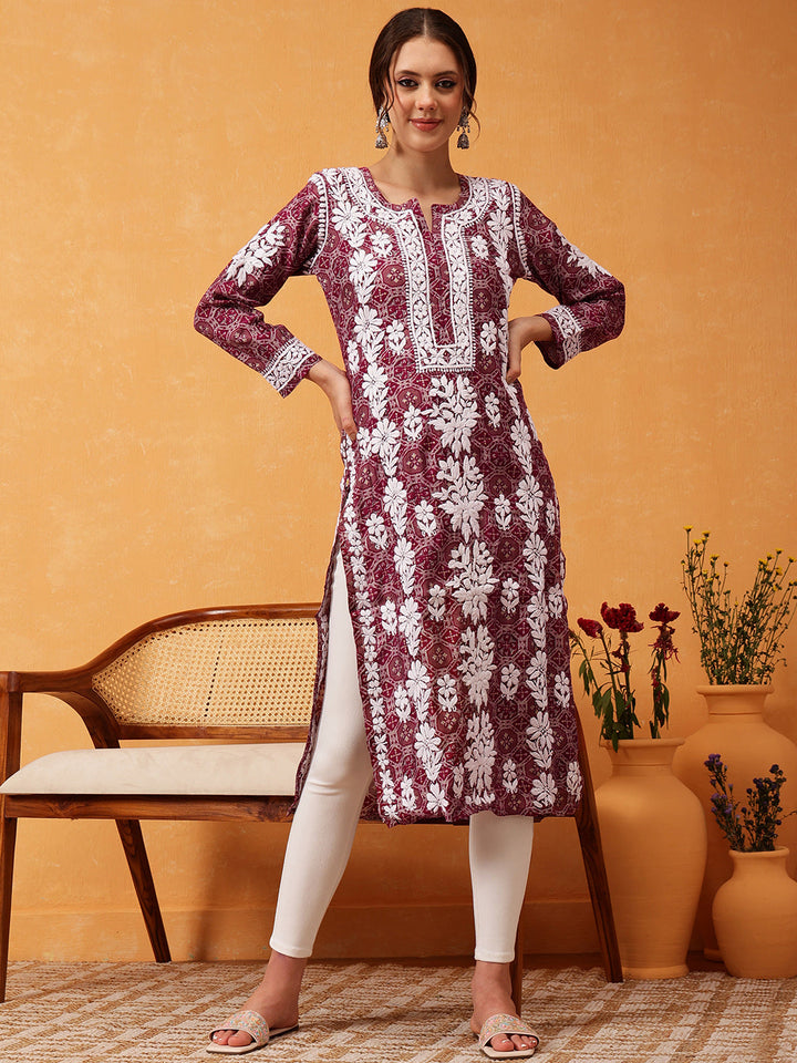 Wine-&-White-Chanderi-Silk-Embroidered-Chikankari-Kurta