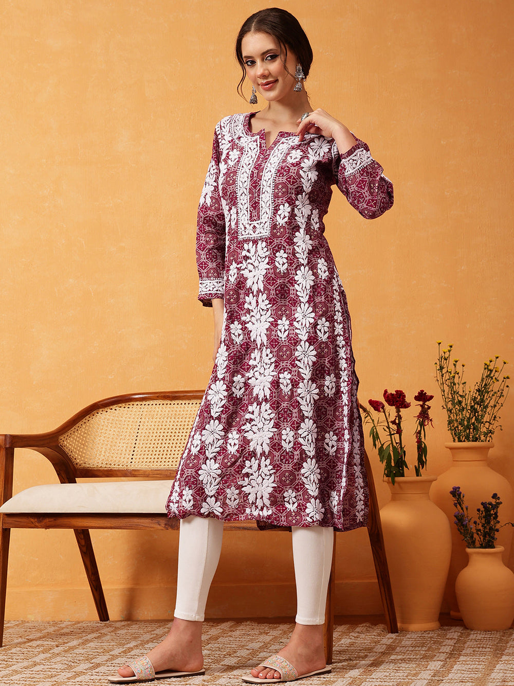 Wine-&-White-Chanderi-Silk-Embroidered-Chikankari-Kurta