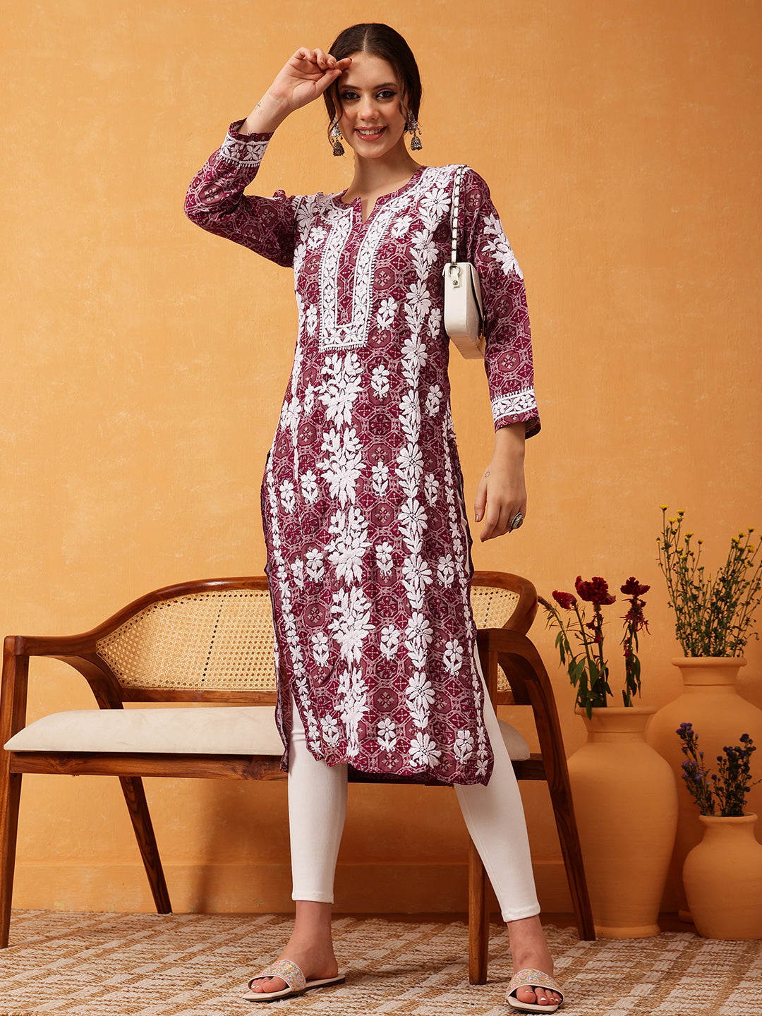 Wine-&-White-Chanderi-Silk-Embroidered-Chikankari-Kurta