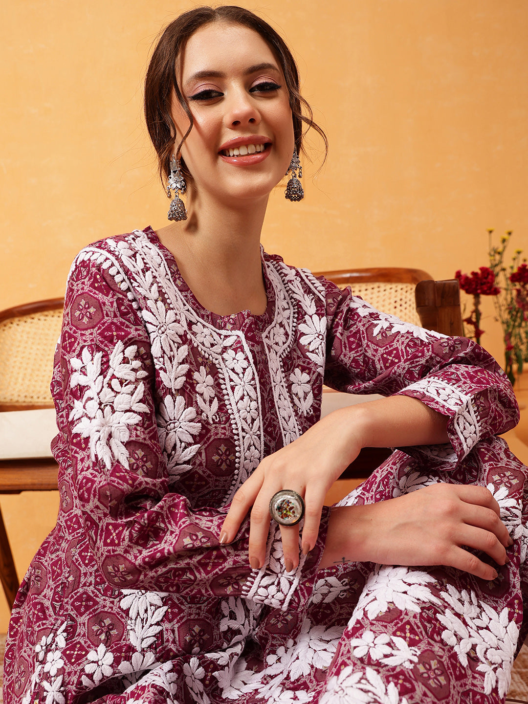 Wine-&-White-Chanderi-Silk-Embroidered-Chikankari-Kurta