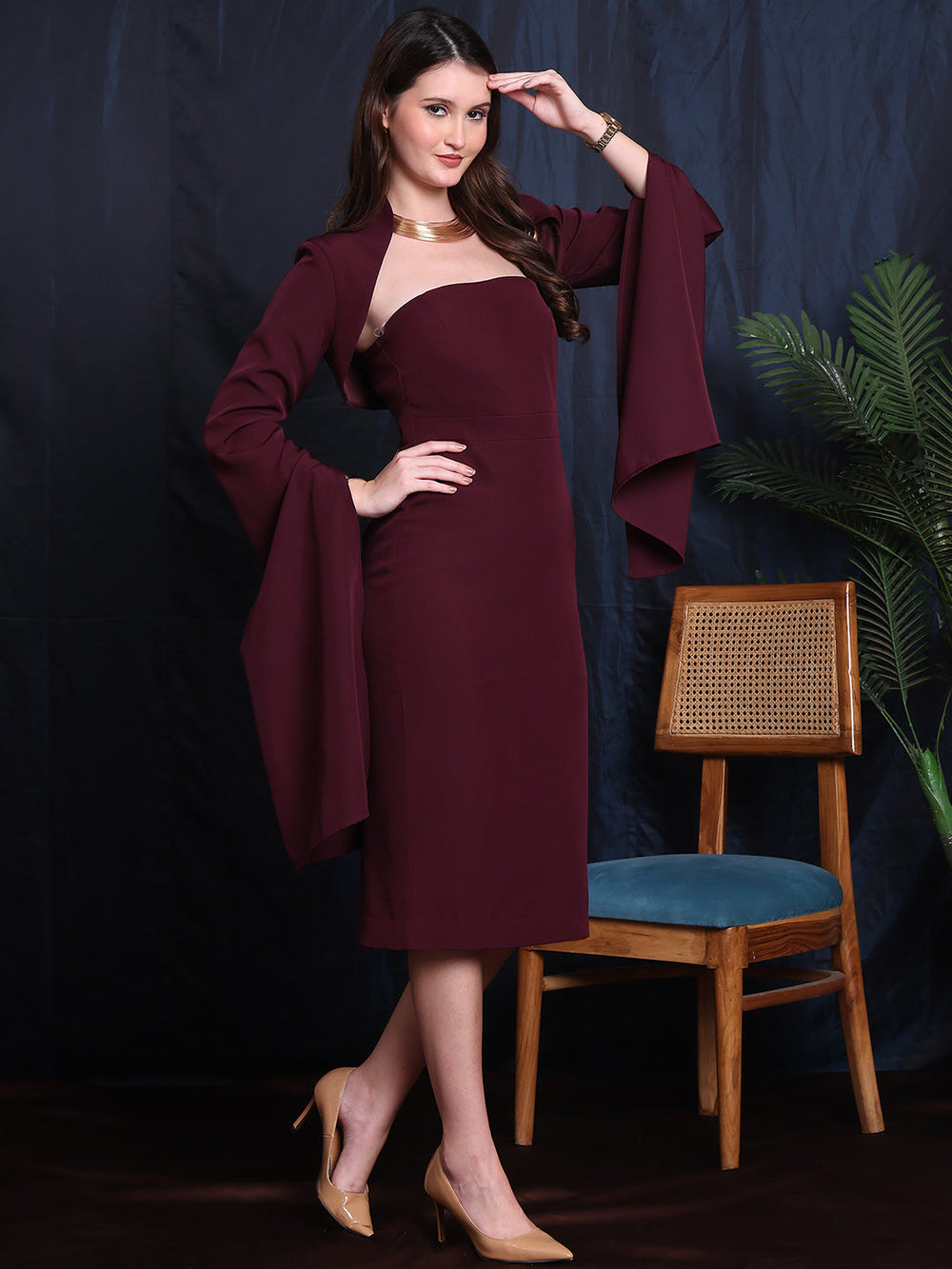 Wine-Lycra-Cosmic-Couture-2-Piece-Dress-With-Shrug-Blazer