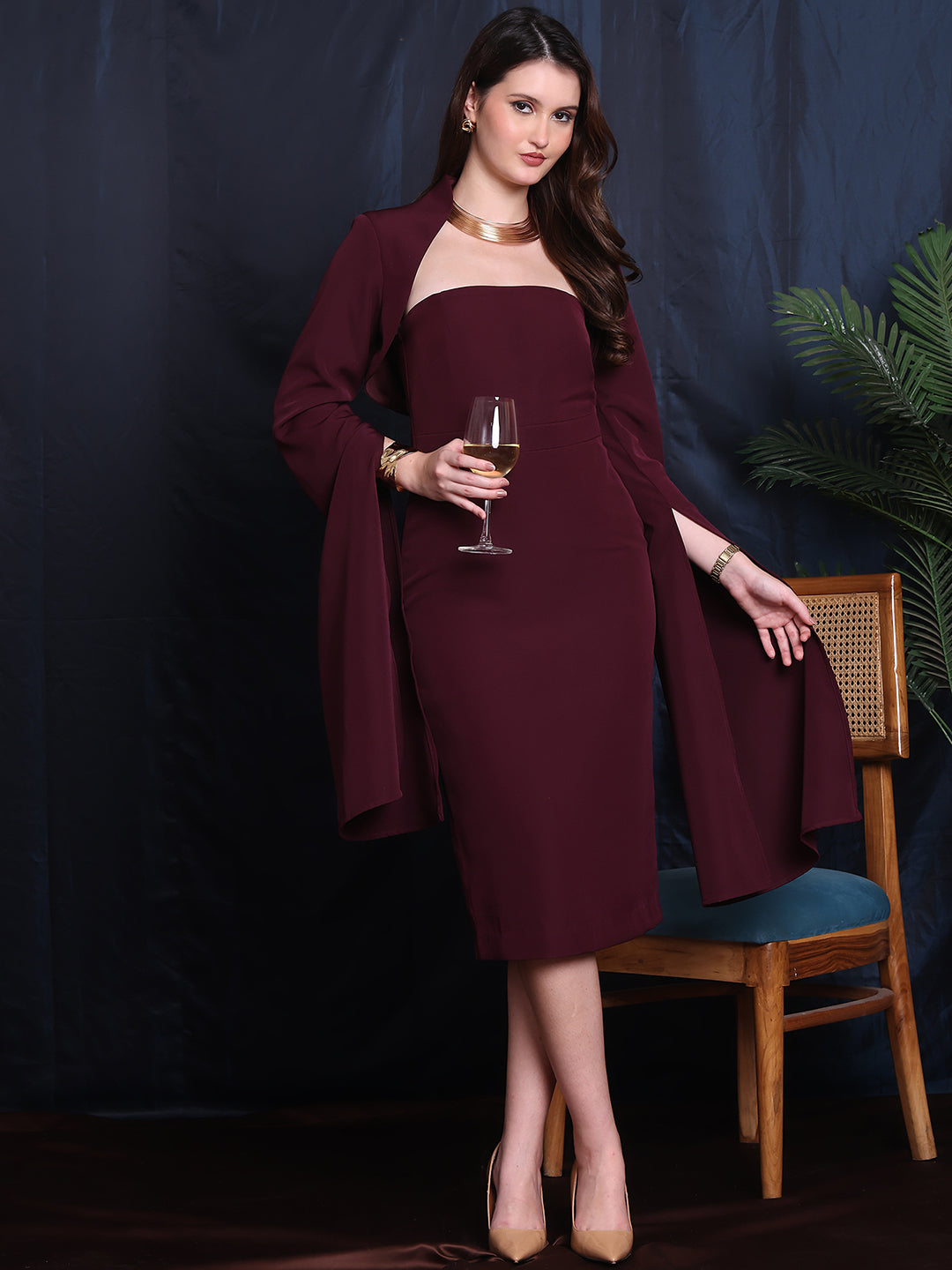 Wine-Lycra-Cosmic-Couture-2-Piece-Dress-With-Shrug-Blazer