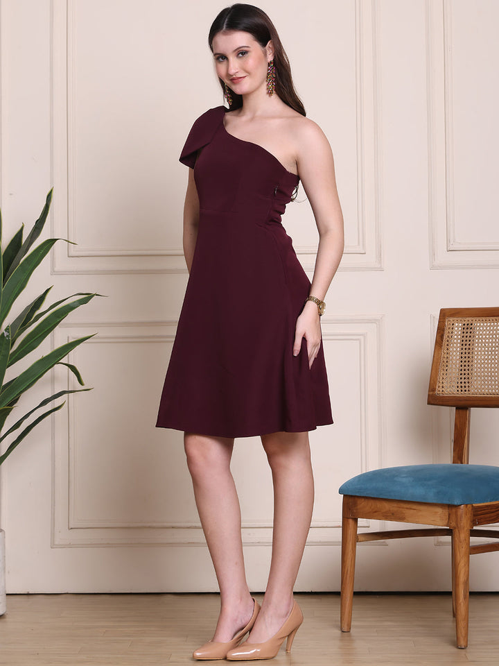 Wine-Spandex-One-Shoulder-Detailing-A-Line-Midi-Dress