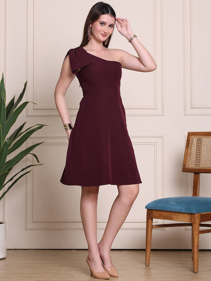 Wine-Spandex-One-Shoulder-Detailing-A-Line-Midi-Dress