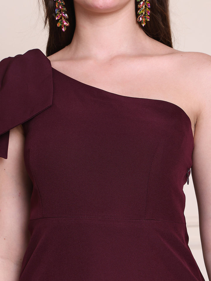 Wine-Spandex-One-Shoulder-Detailing-A-Line-Midi-Dress