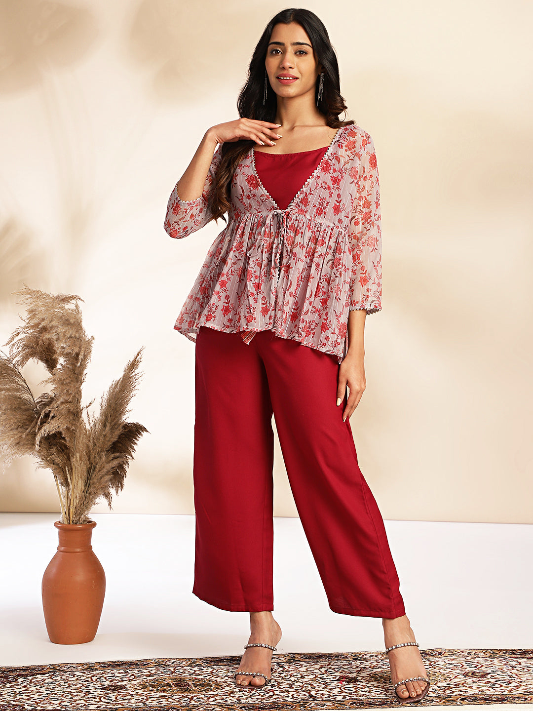 Wine-Chiffon-Solid-3-Piece-Co-Ord-Set