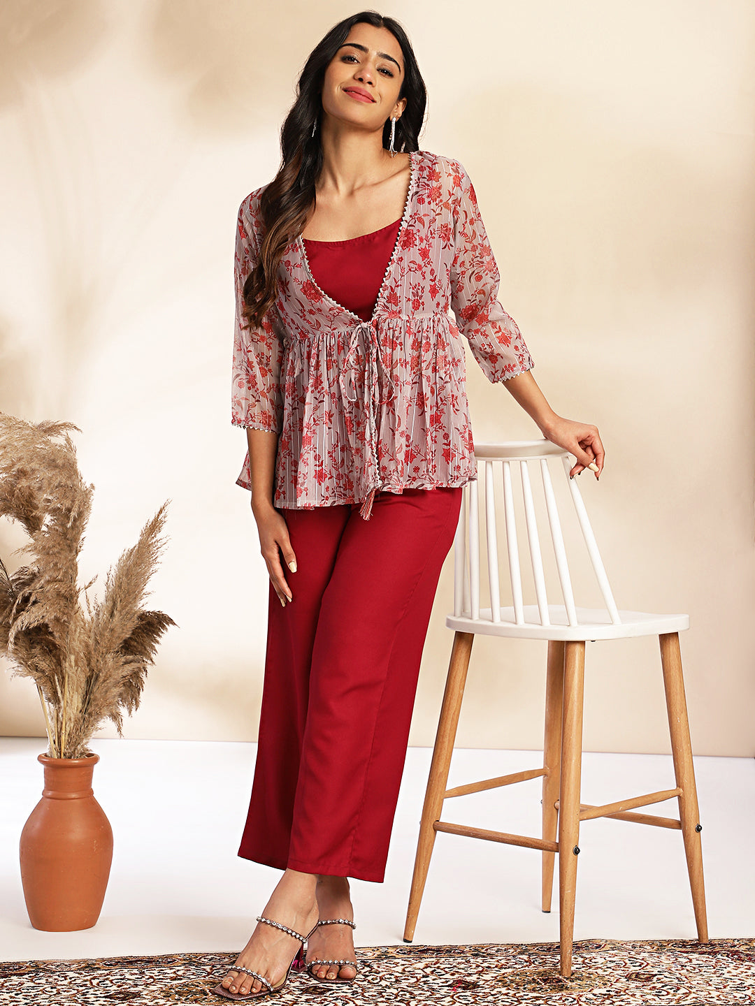 Wine-Chiffon-Solid-3-Piece-Co-Ord-Set