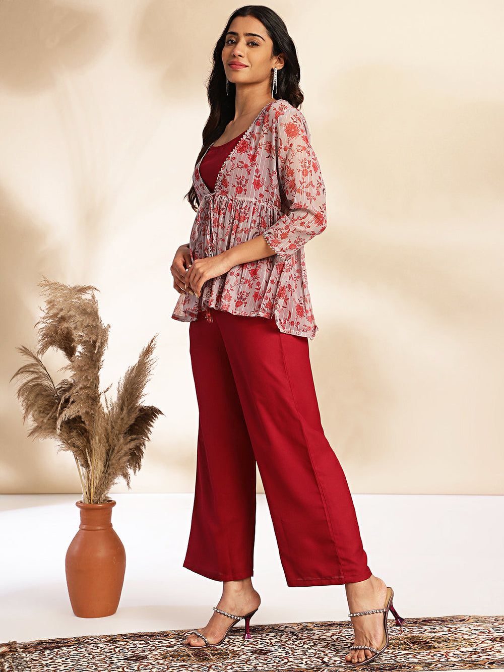 Wine-Chiffon-Solid-3-Piece-Co-Ord-Set