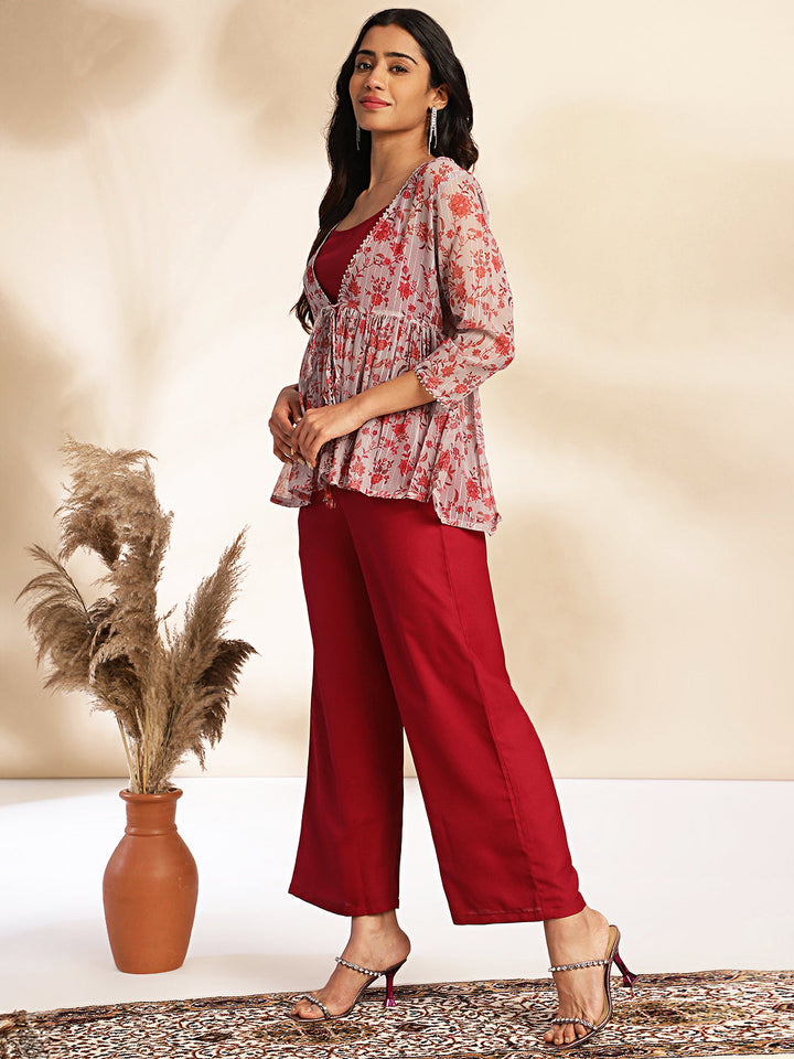 Wine-Chiffon-Solid-3-Piece-Co-Ord-Set