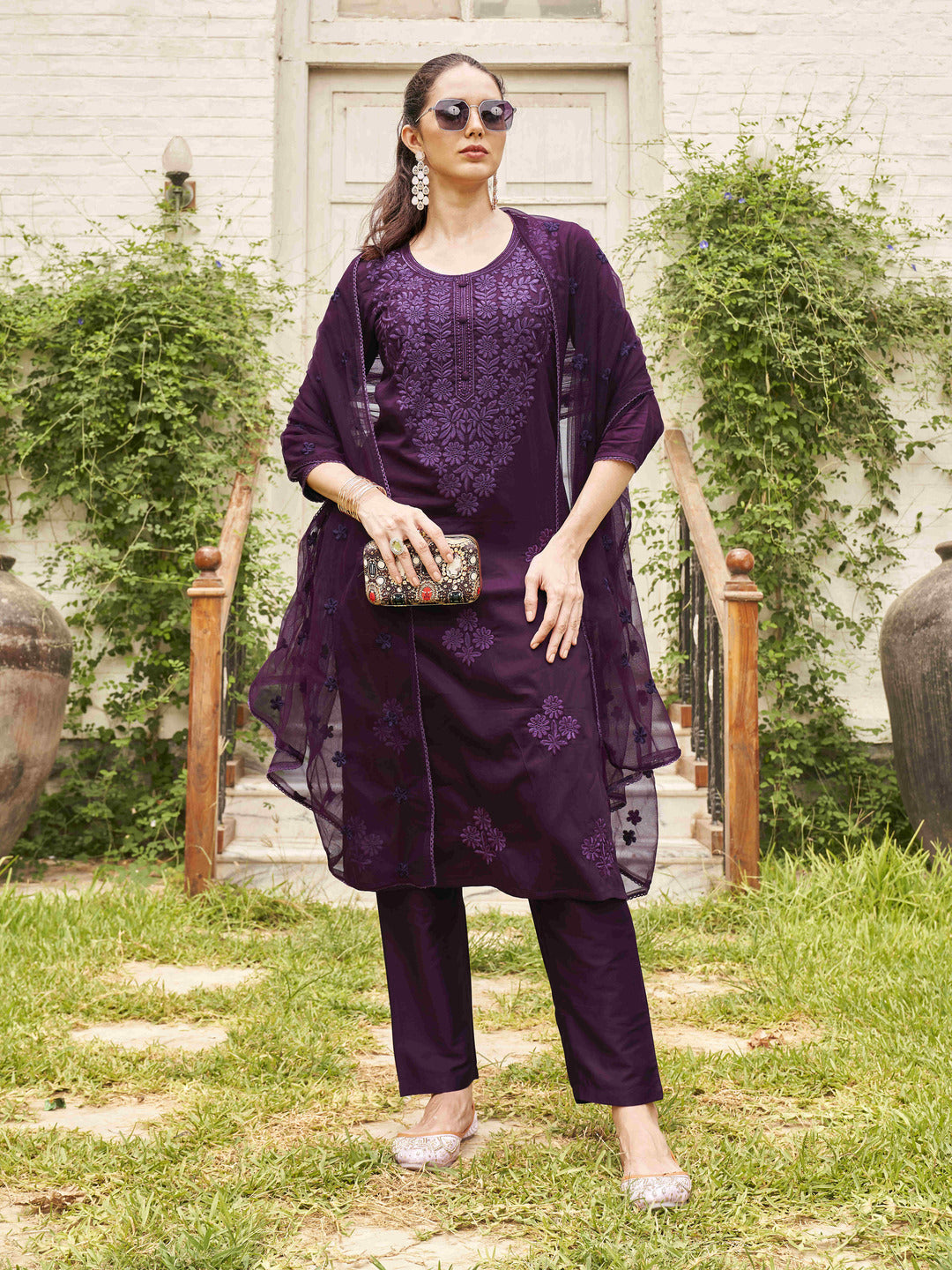 Wine-Silk-Blend-Tonal-Thread-Straight-Cut-Kurta-Set