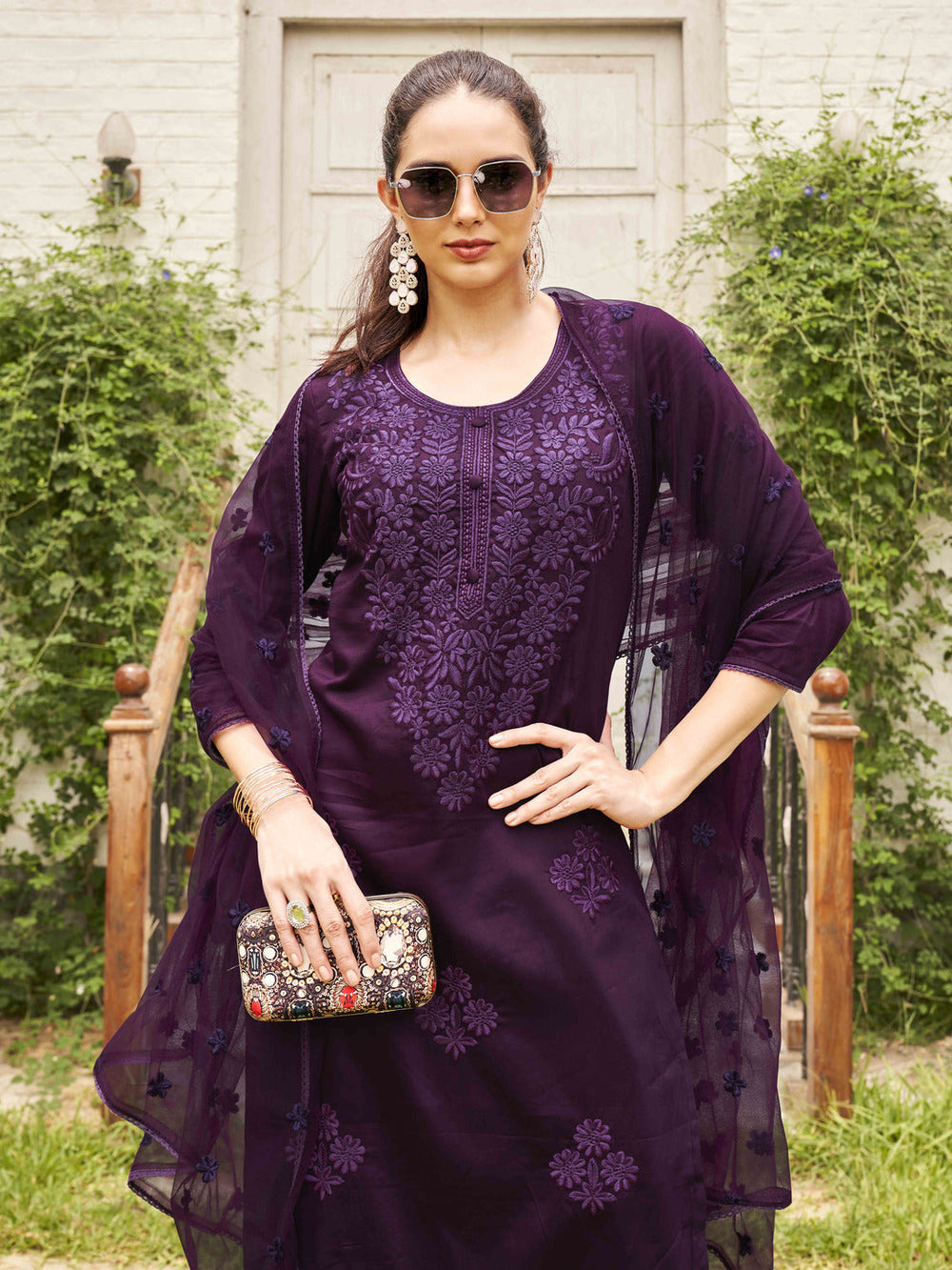 Wine-Silk-Blend-Tonal-Thread-Straight-Cut-Kurta-Set