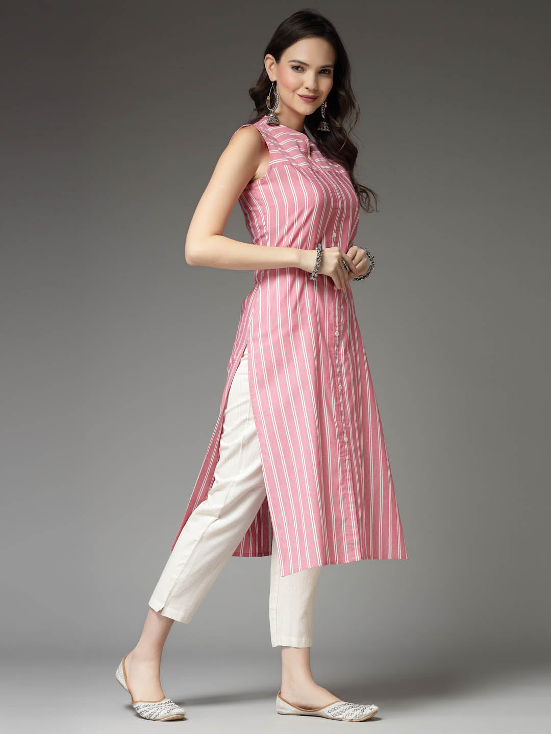 Pink-Cotton-Striped-Straight-Kurta-Only