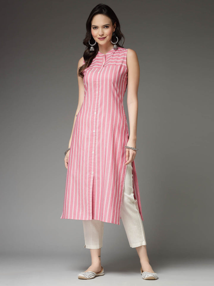 Pink-Cotton-Striped-Straight-Kurta-Only