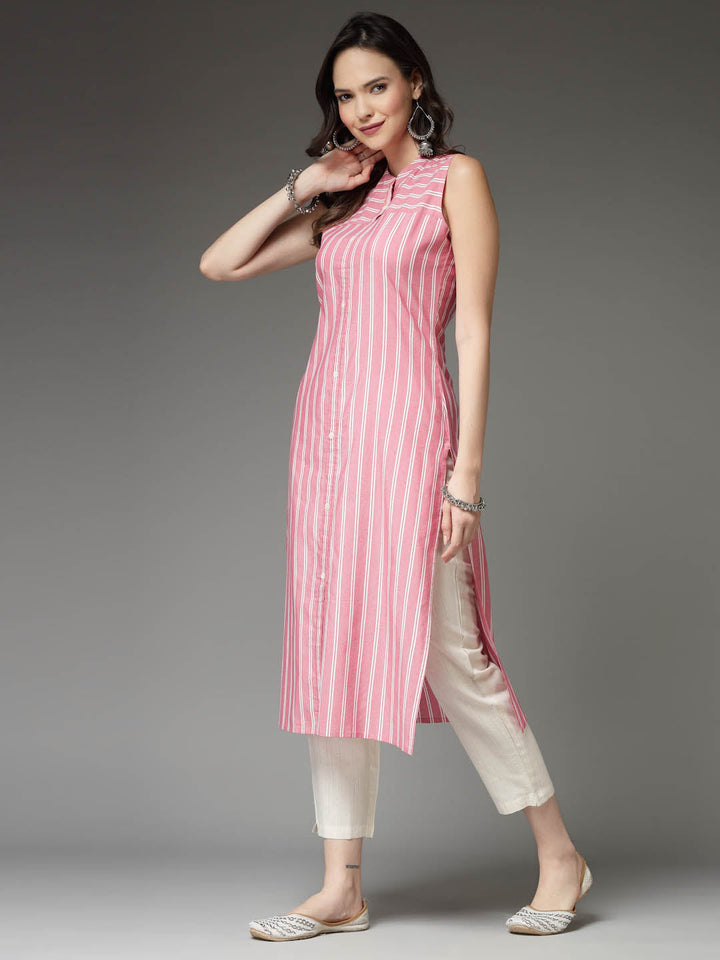 Pink-Cotton-Striped-Straight-Kurta-Only