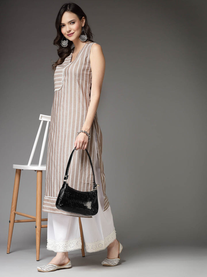 Beige-Cotton-Striped-Straight-Kurta-Only