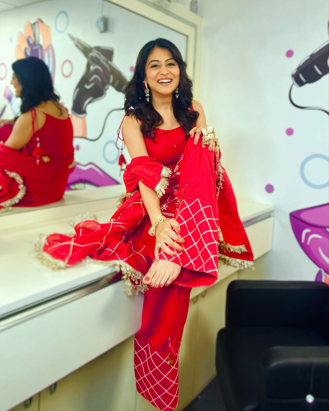 Red Strappy Kurta with Farshi Shalwar