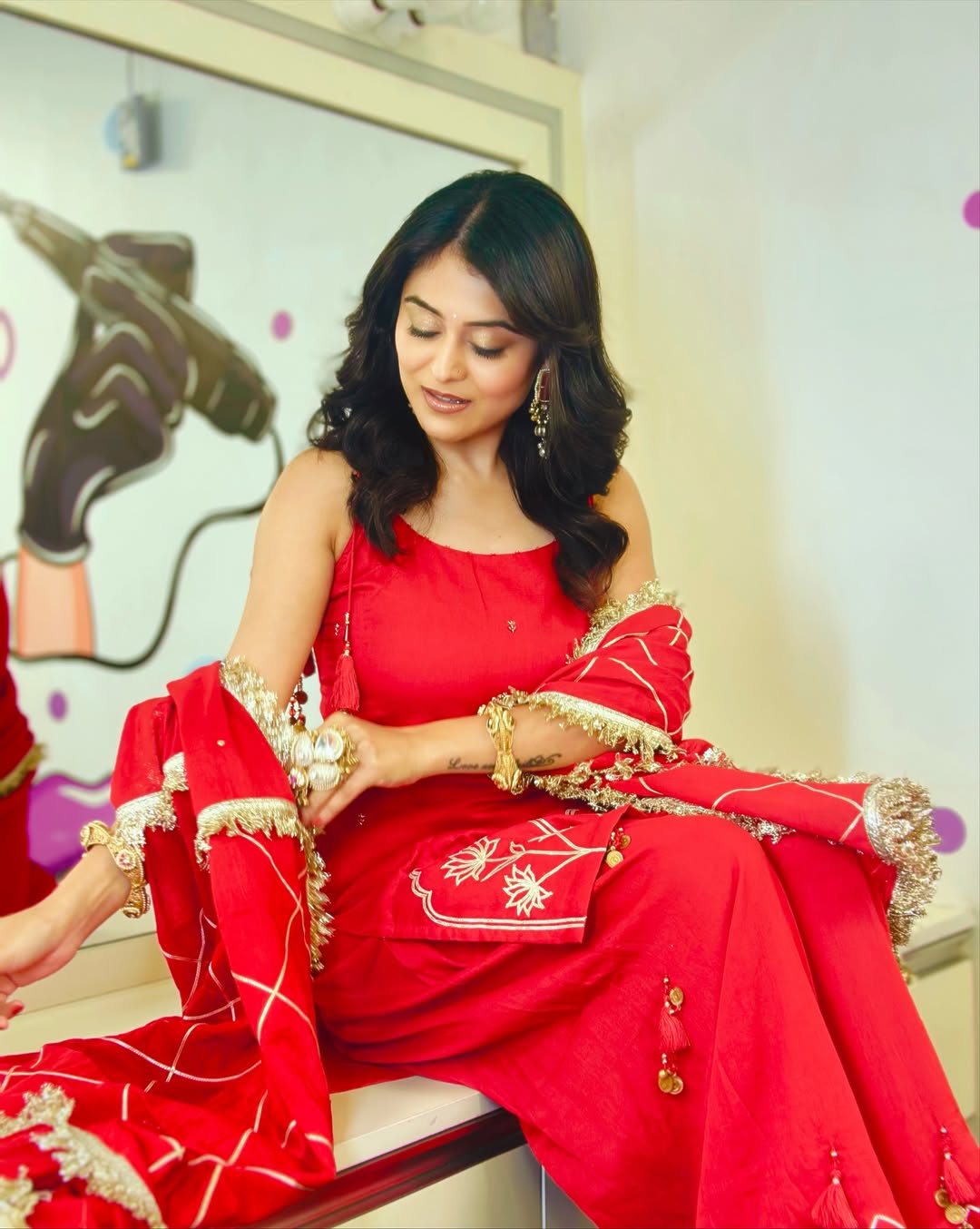 Red Strappy Kurta with Farshi Shalwar