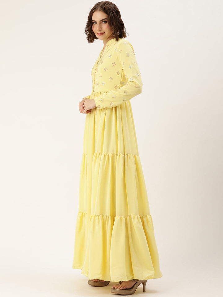 Yellow-Art-Silk-Collar-Neck-Embroidered-Gown