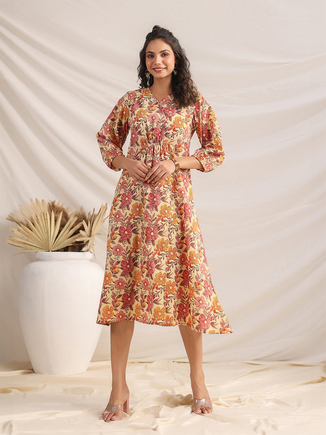 Yellow-Cambric-Floral-Printed-Gathered-Dress