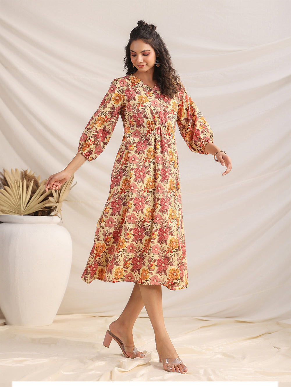 Yellow-Cambric-Floral-Printed-Gathered-Dress