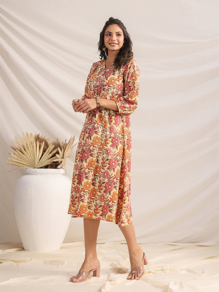 Yellow-Cambric-Floral-Printed-Gathered-Dress