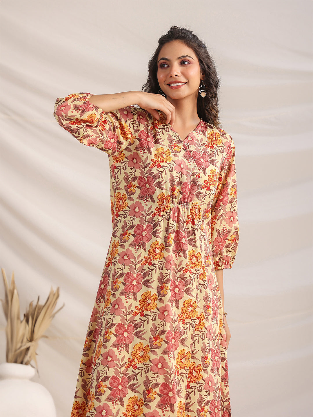 Yellow-Cambric-Floral-Printed-Gathered-Dress