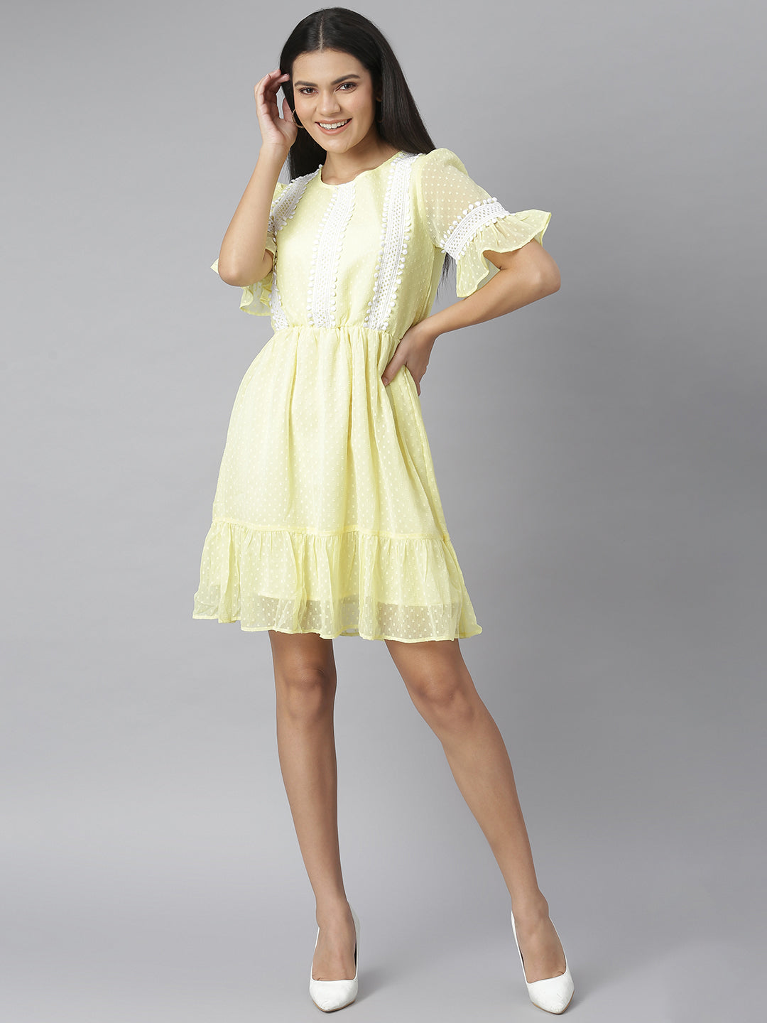 Yellow-Chiffon-Self-Design-Dress-With-Lace-Insets