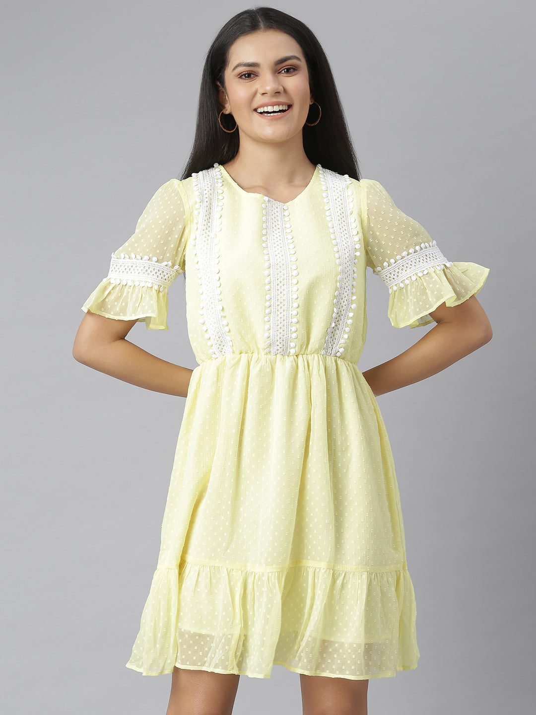 Yellow-Chiffon-Self-Design-Dress-With-Lace-Insets