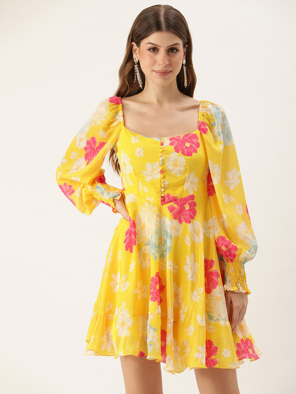 Yellow-Chinon-Digital-Printed-Smocking-Dress