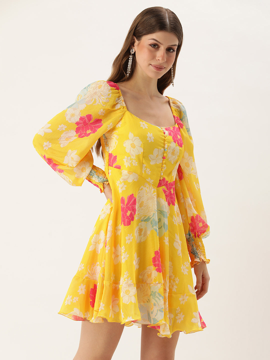 Yellow-Chinon-Digital-Printed-Smocking-Dress