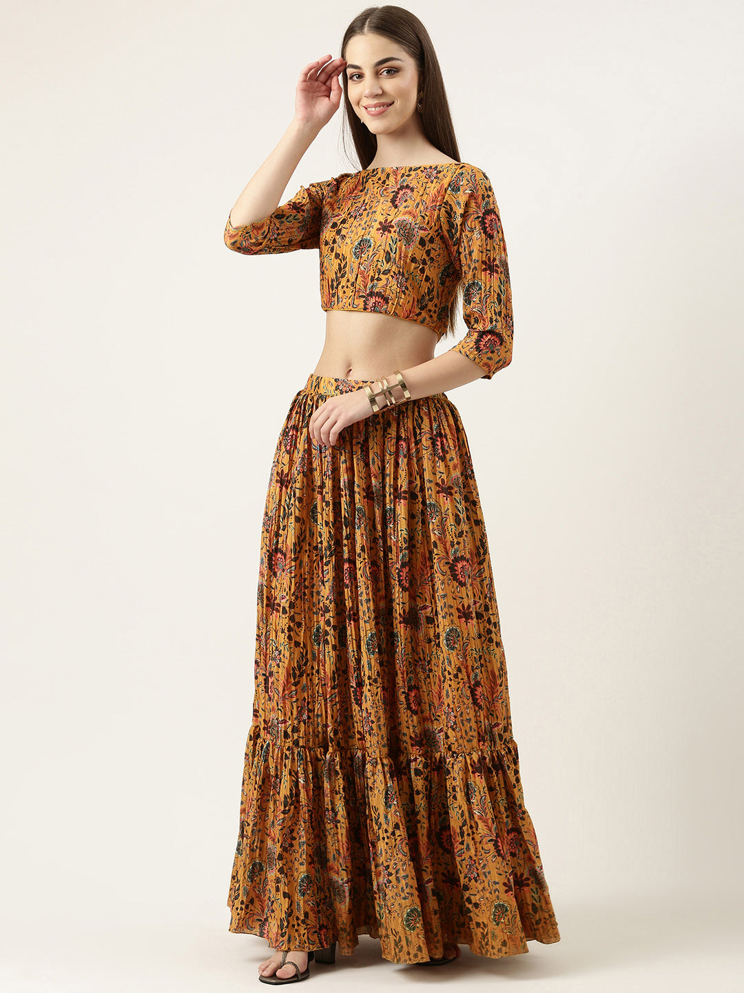 Yellow-Chinon-Foil-Boat-Neck-Printed-Skirt-Set